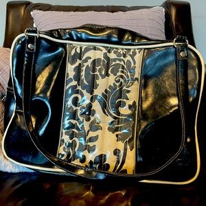 Trophy Queen large tote custom La Fleur black and cream fabric panels—PRICE DROP